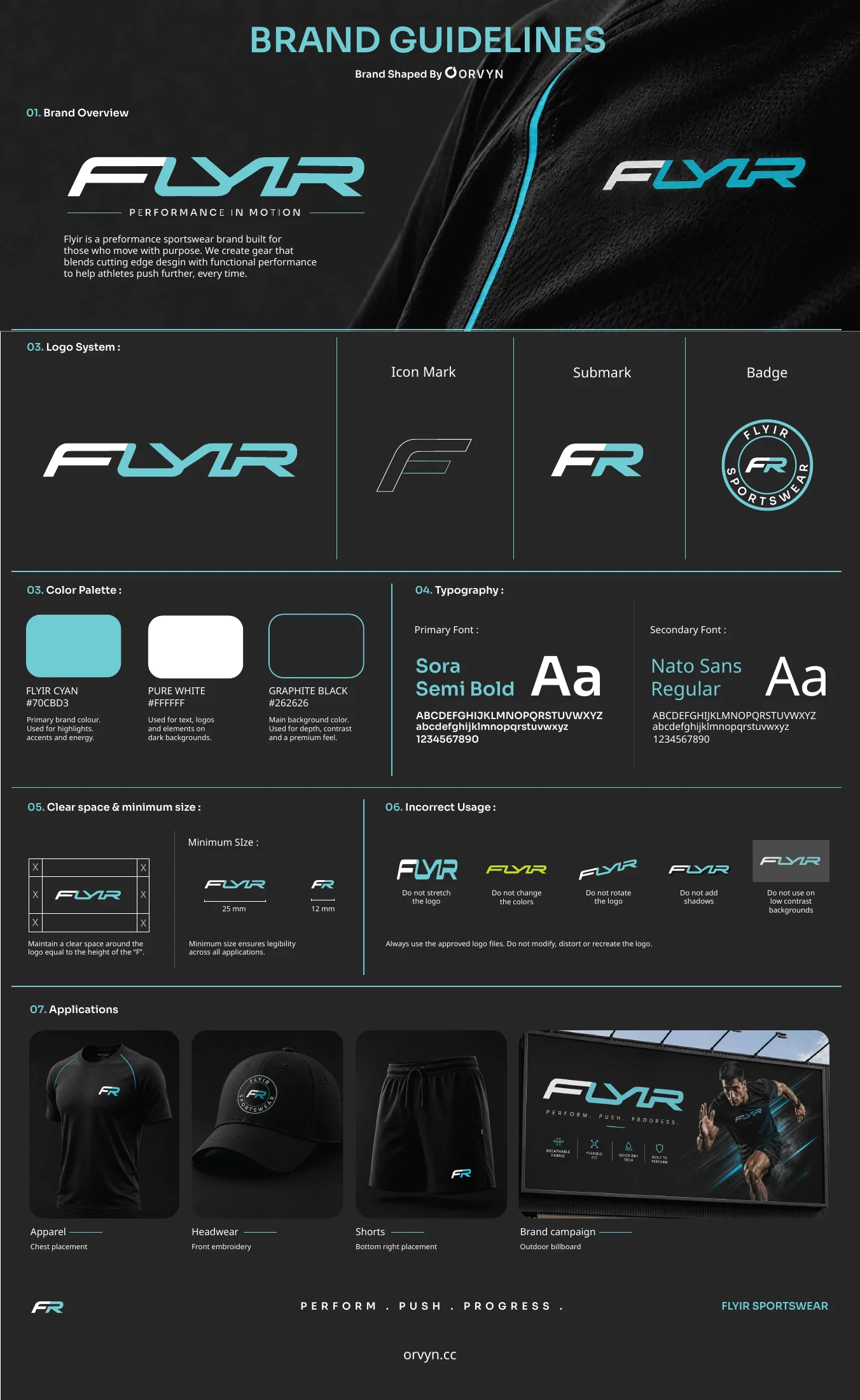 Complete FLYIR guidelines showing the logo system, colours, typography and applications