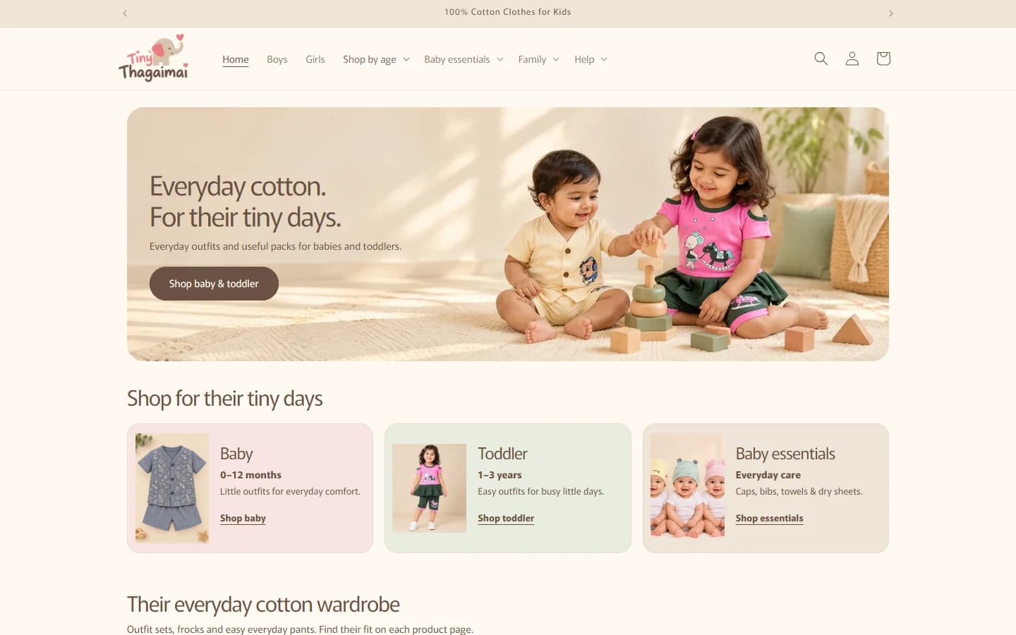 TinyThagaimai Shopify store homepage with children's clothing and collections
