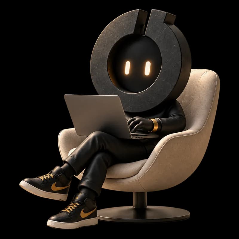 Orvyn, our studio mascot, working on a laptop