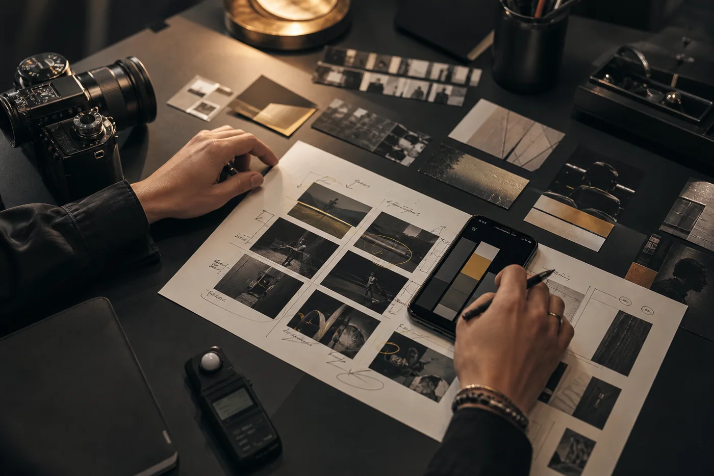 Campaign director arranging content references and a visual storyboard