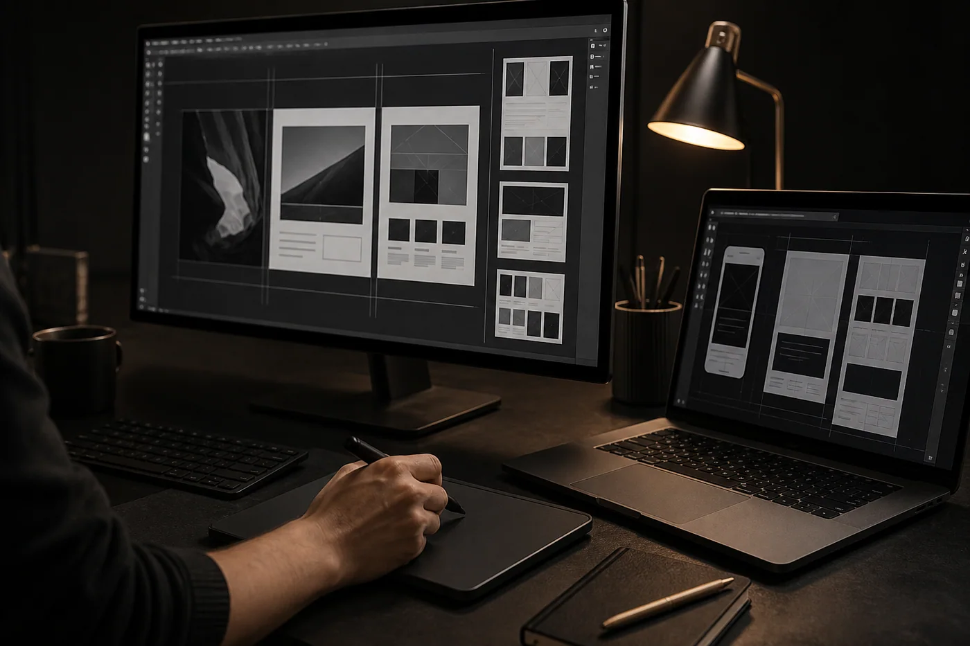 Designer developing responsive website layouts in a dark studio